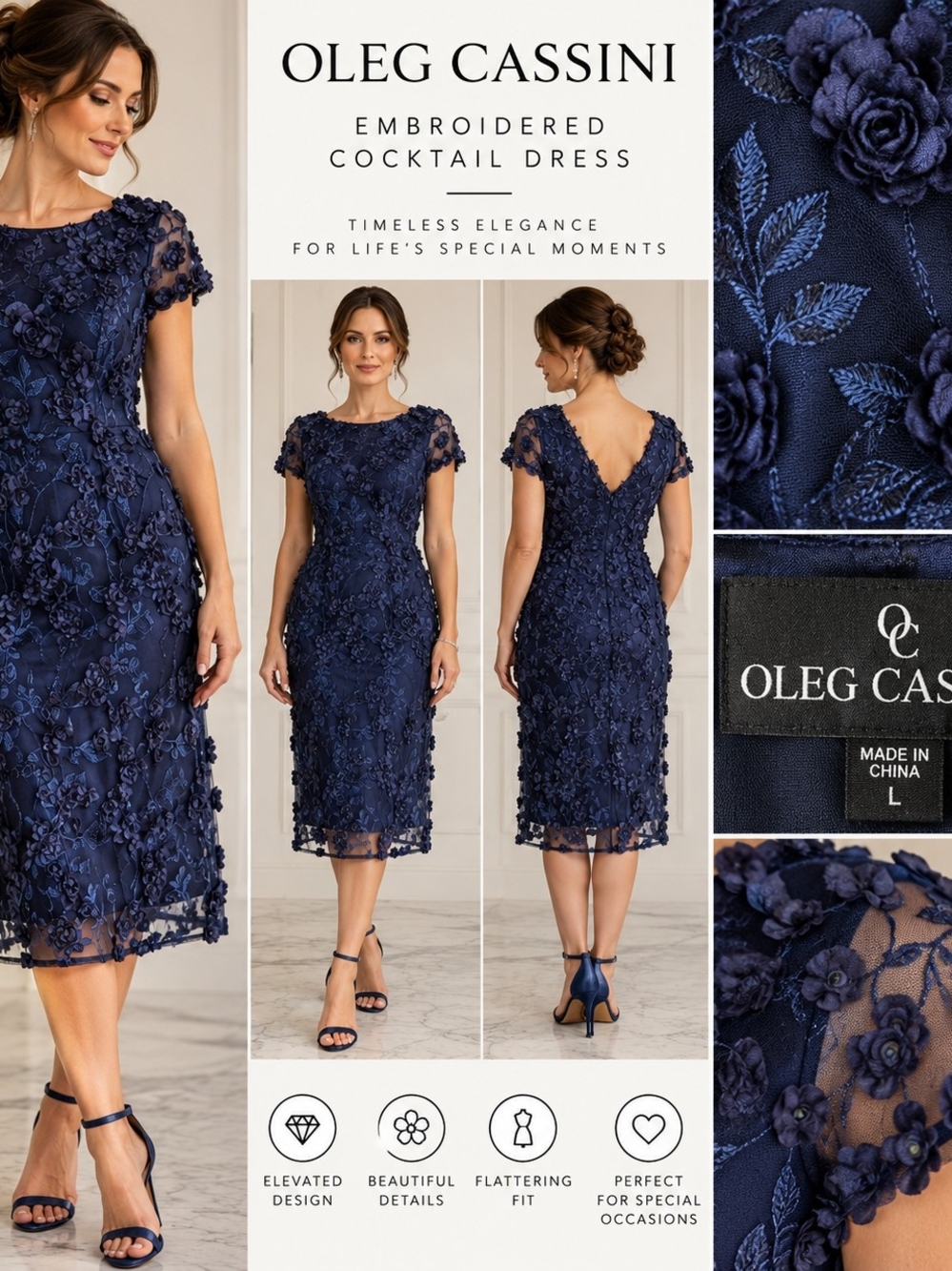 OLEG CASSINI Navy Embroidered Cocktail Dress